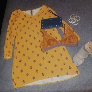 Cute fall dress in mustard color with pink flowers